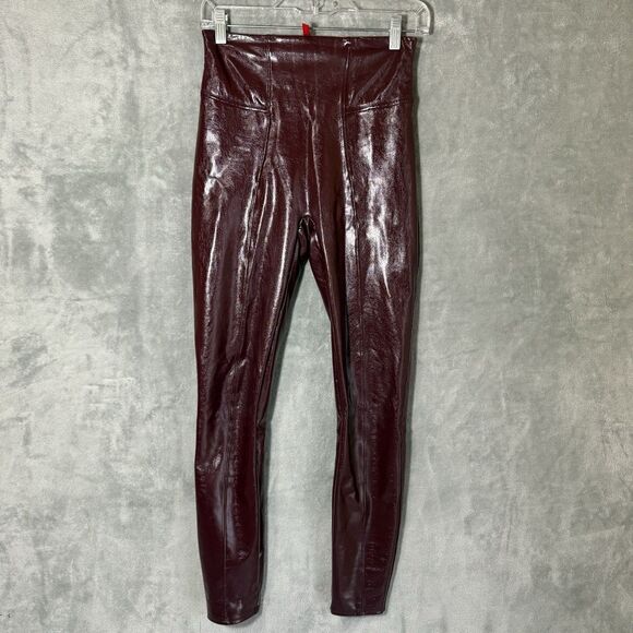 Spanx Pants Women Small Faux Patent Leather Leggings Ruby Burgundy Pull On - Picture 2 of 10